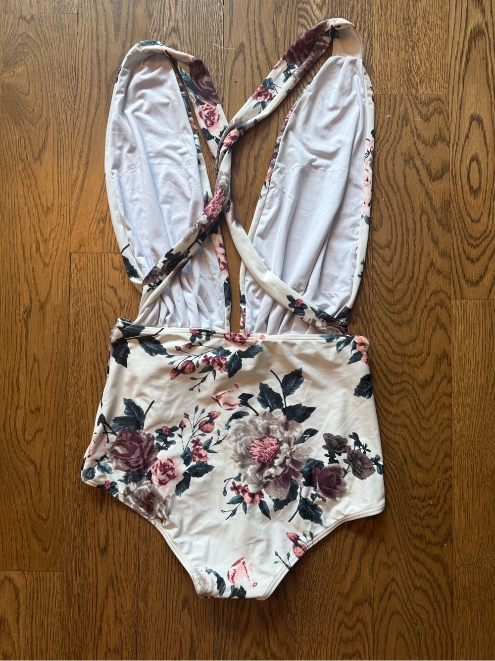 Retro Floral Halter One-Piece Swimsuit in Cream and Plum - Picture 2 of 3